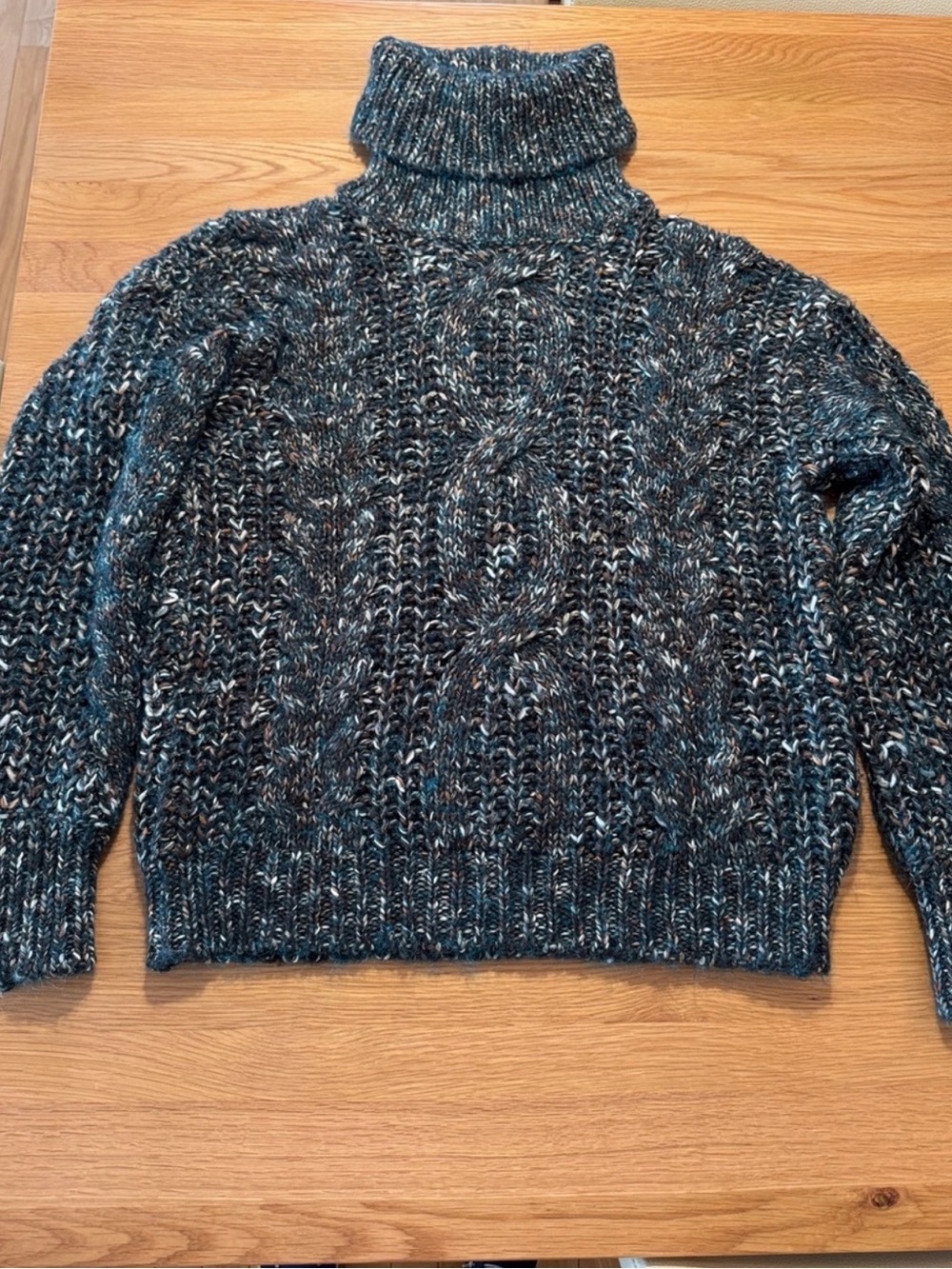 Elsamanda Anthropologie Cable Knit Turtleneck Sweater in Heathered Dark Teal